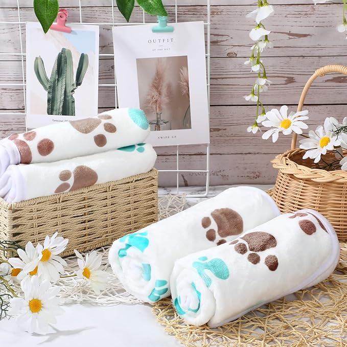 Tatuo 4 Pcs Dog Blanket for Pet Cat Blankets Indoor Puppy Teething Stuff Toys Paw Print Fleece Blanket Warm Sleep Mat for Guinea Pig Cage(Milky White,Small(24 x 16 Inch),Square)