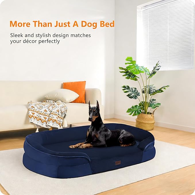 Dwanton Orthopedic Dog Bed for Extra Extra Large Dogs with Gel Memory Foam, Waterproof Dog Sofa, Washable Pet Bed with Four Sided Bolster Cushion, Removable Cover & Non-Slip Bottom, 48", Navy Blue