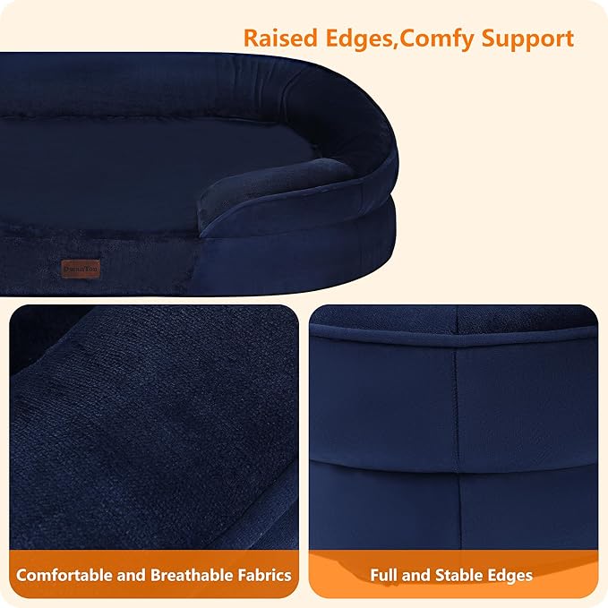 Dwanton Orthopedic Dog Bed for Extra Extra Large Dogs with Gel Memory Foam, Waterproof Dog Sofa, Washable Pet Bed with Four Sided Bolster Cushion, Removable Cover & Non-Slip Bottom, 48", Navy Blue