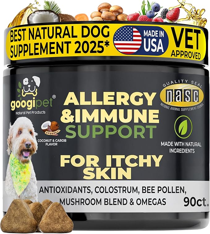 Googipet Dog Allergy Chews, Seasonal Dog Allergy Relief & Itchy Skin Relief, Skin & Coat Supplement Colostrum, Coconut Oil, Omega 3 Fish Oil, & Bee Pollen for Dogs Itch Relief