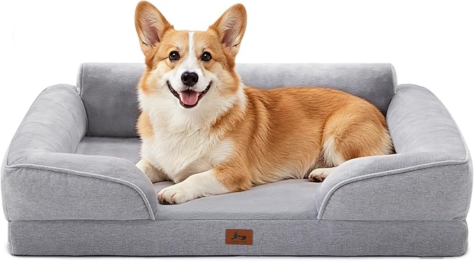 Orthopedic Dog Bed for Medium Size Dogs, Waterproof Egg-Crate Foam Pet Couch Bed with Soft Sides, Non-Slip Dog Sofa with Flannel Removable Washable Cover, 28"L Supportive Pet Sofa, Light Grey