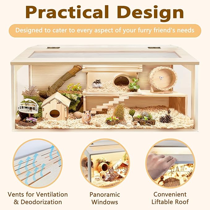 PROLEE Hamster Cage with Chewproof Wood Top, Guinea Pig Cages, Hamster Habitat with Clear Acrylic Sheets Solid Built, Small Animal Cage (Oak, 48X19.5X19.5 inch)