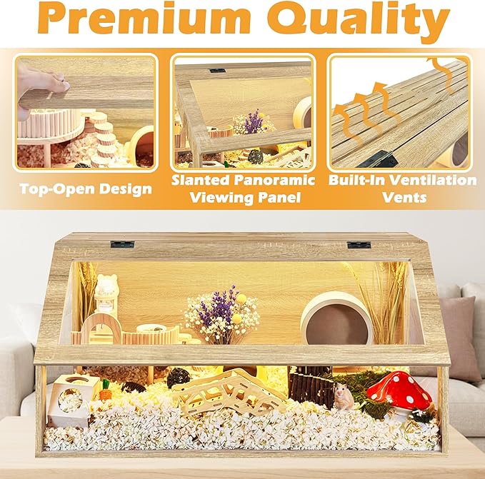 PROLEE Hamster Cage Chewproof, Sloped Mice and Rat Habitat with Clear View, Solid Built with Lockable Design and Openable Top (White Oak)