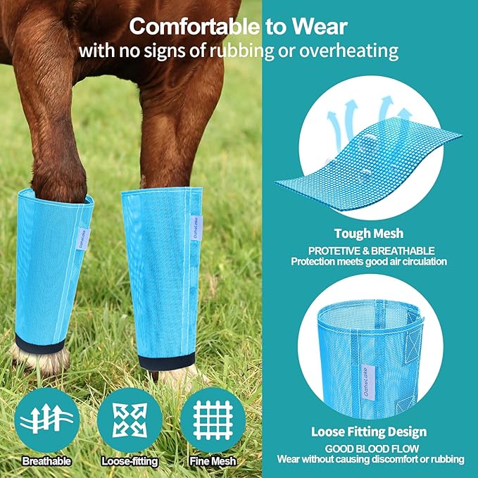 Mesh Horse Fly Boots Set of 4, Loose Fitting Leggings for Horses, Reduce Stressful Stomping, Breathable Adjustable and Universal Fit for 4 Legs, Reliable Stay Put (Sky Blue)