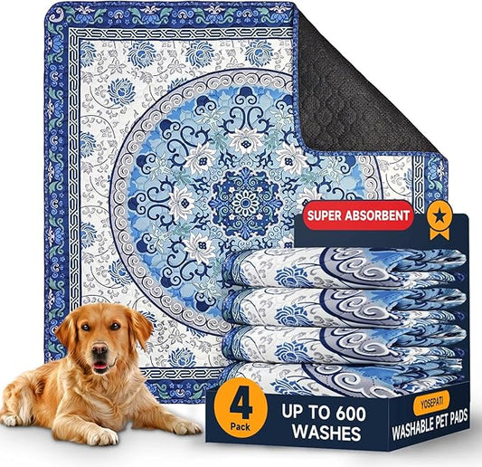 Washable Pee Pads for Dogs 4 Pack,18"x24" Waterproof Non-Slip Reusable Puppy Pad with Fast Absorbent,Leakproof Whelping Pads for Pet Housebreaking (Indigo Blue Medallion, 18"x24"(Pack of 4))