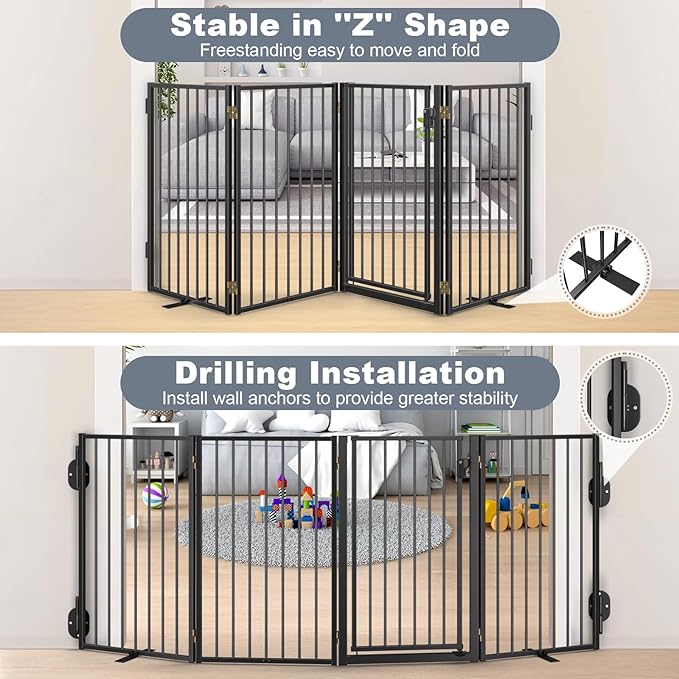 Metal Freestanding Dog Gates with Door for Outdoor Indoor,80'' Extra Wide Free Standing Dog Gate for Doorways,Large Openings,Deck,Yard,Porch,Foldable Safety Pet Fence(Black,4 Panels)