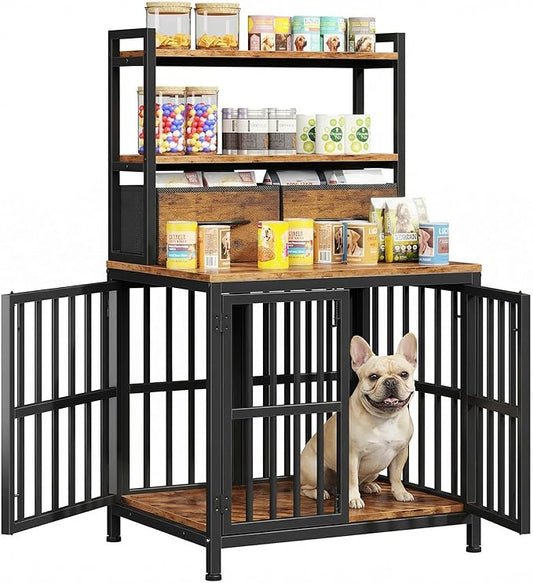 HIGDBFE Dog Crate Furniture with Drawer & Shelf, 25.5" Small Dog Crate with 4 Lockable Doors, Indoor Dog Kennel for Small Dogs, Anti-Chew Dog Cage with Storage, Rustic Brown, 43.7" H