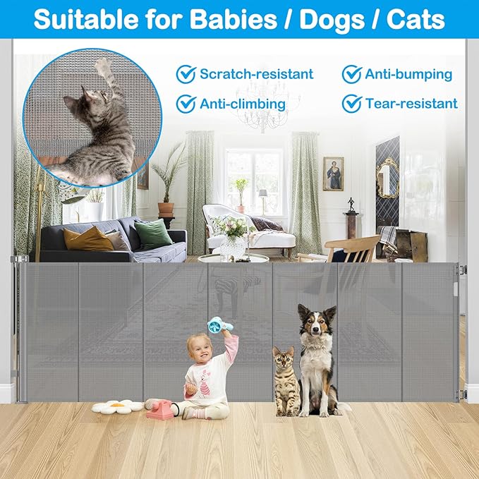 Reinforced 42" Extra Tall X 120" Extra Wide Retractable Dog Gate for Doorways Wide Pet Gate Indoor Prevent Kid/Pet Jumping Over Tall Retractable Baby Gates for Dogs Outdoor Dog Gates for Doorways,Gray