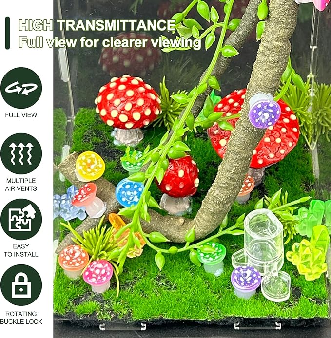 Jumping Spider Enclosure,DIY Insects Habitat,Small Reptile Terrarium Glass House Accessories Set,with Temperature and Humidity Detector Water Feeder Platform Hide,5.5“x5.5”x9.5“ (Luminous Mushrooms)