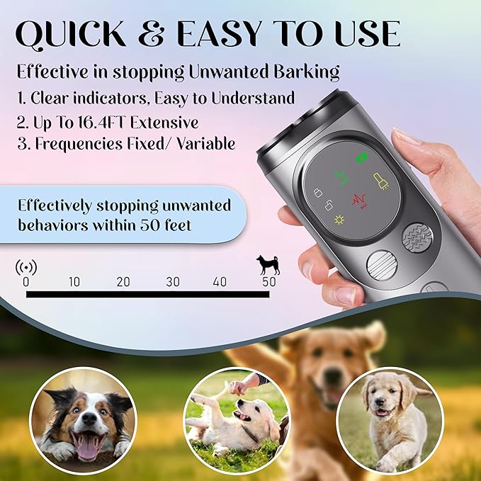 Dog Bark Deterrent Devices, 3X Ultrasonic Anti Barking Device for Dogs, Dog Training & Behavior aids Up to 50 FT Range, Safe & Effective Bark Deterrent, Training Tools with LED Flashlight & HD Display