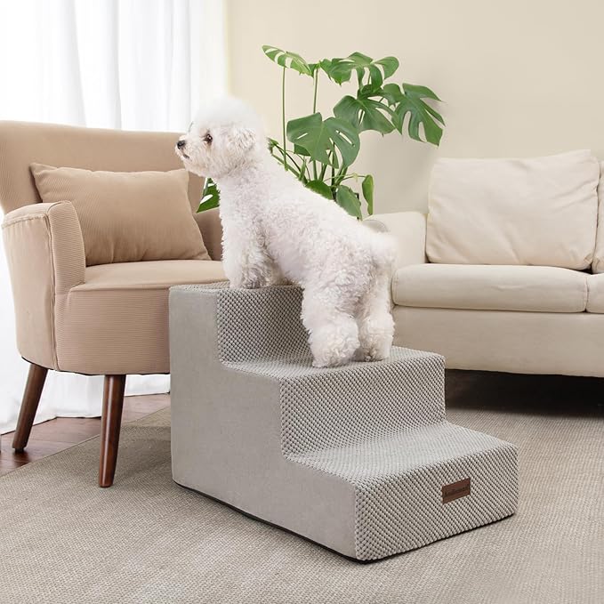 Aodisman Dog Stairs for Small Dogs & Cats, 3-Step Extra Wide Non-Slip Pet Steps for Couch Sofa and Chair, Light Grey, 15.7" H