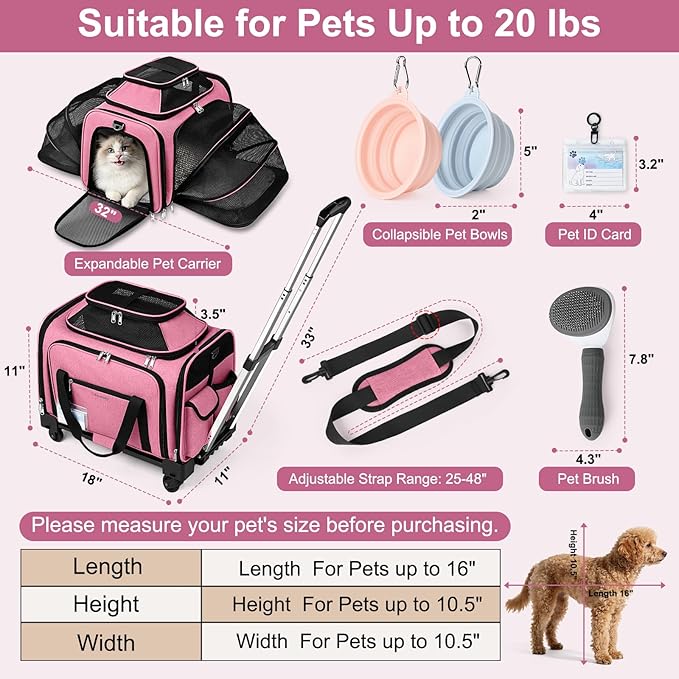 Airline Approved Pet Carrier with Wheels, Top & Side Expandable Soft-Sided Bag, 18x11x11 inches Fits Under Seat for Small Dogs Cats, Double-Sided Mat & ID Card for Travel Vet Visits Camping