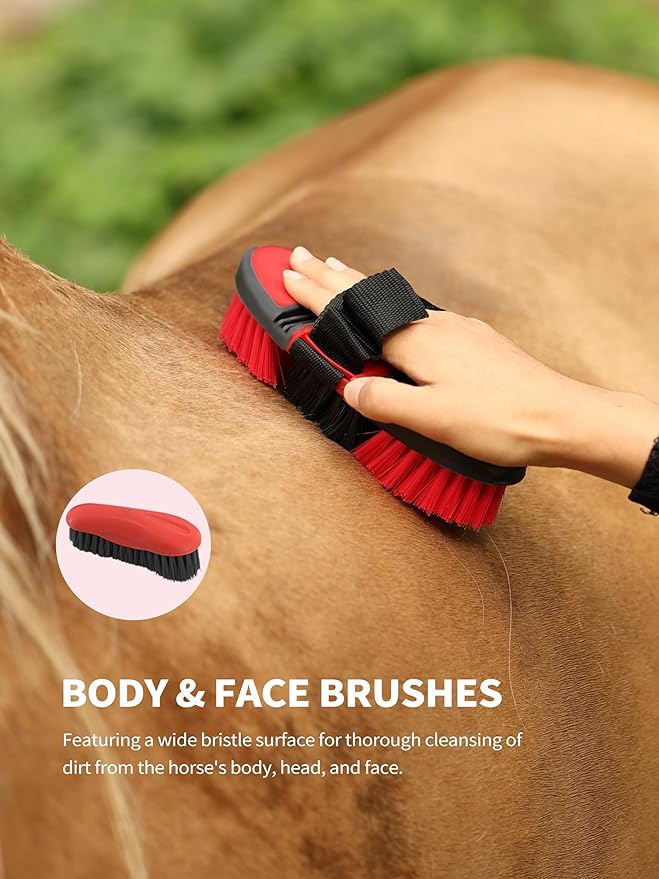 Harrison Howard Horse Grooming Kit, 9-Piece Complete Grooming Tools Set with Non-Slip Silicone Grip for Daily Horse Care, Bathing & Shedding Red