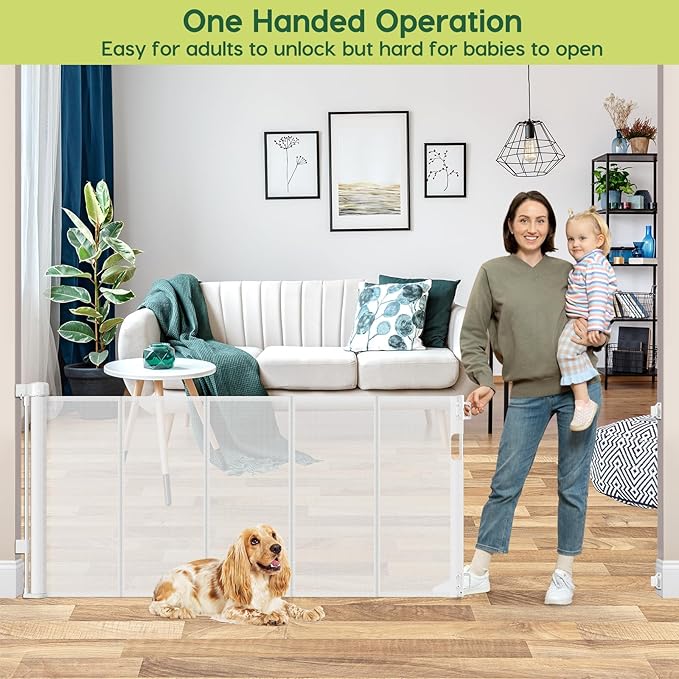 Reinforced 80 Inch Extra Wide Retractable Baby Gate with Support Rods, Indoor/Outdoor Retractable Pet Gates for Wide Openings, 33” Tall Mesh Dog Gate Indoor Extra Long Baby Gates for Decks, White