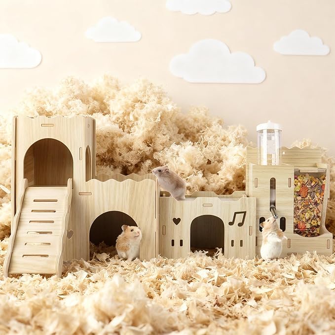 Hamster Hideout House, Multi-Chamber Hamster Castle with Water Bottle, Large Wooden Mouse Playground with Climbing Ladder, Habitat for Syrian Dwarf Gerbils Mice and Small Pets