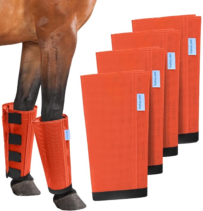 Mesh Horse Fly Boots Set of 4, Loose Fitting Leggings for Horses, Reduce Stressful Stomping, Breathable Adjustable and Universal Fit for 4 Legs, Reliable Stay Put (Orange)