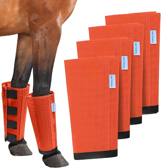 Mesh Horse Fly Boots Set of 4, Loose Fitting Leggings for Horses, Reduce Stressful Stomping, Breathable Adjustable and Universal Fit for 4 Legs, Reliable Stay Put (Orange)
