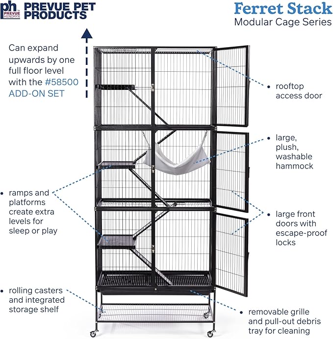 Prevue Pet Products Ferret Stack Three Story Ferret Home with Portable Stand, Escape Proof Lock, Hammock, Ramps, Expandable Add-On Cage Stacking System