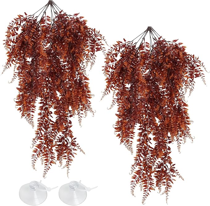 Hamiledyi Reptile Plants 2 Pcs Hanging Terrarium Plants Fake Plant Reptile Tank Accessories for Leopard Gecko Bearded Dragon, Snake, Lizard Habitat (Red)