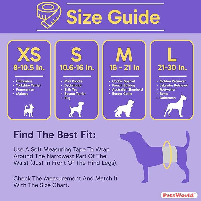 PetsWorld Dog Diapers Male Medium 100 Count Disposable Male Dog Wraps – Super Absorbent Belly Bands with Wetness Indicator, Fur-Friendly Adjustable Fit for Incontinence & Training (Waist 16–21 in)