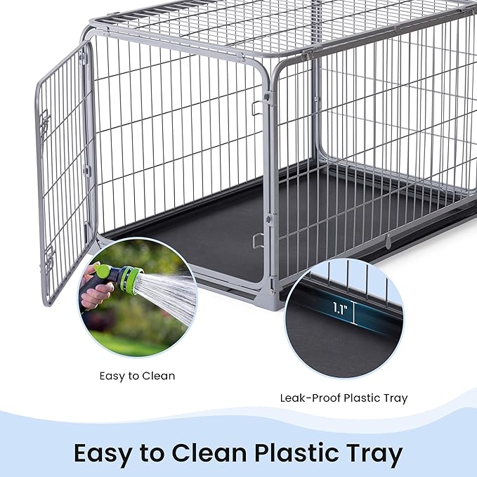 ZOMISIA Collapsible Dog Crate for Large Dogs - 42 inch Escape Proof Metal Dog Kennel with Double Door, Easy Assembly Foldable Dog Cage with Removable Tray, Indoor Outdoor Use, Silver Gray