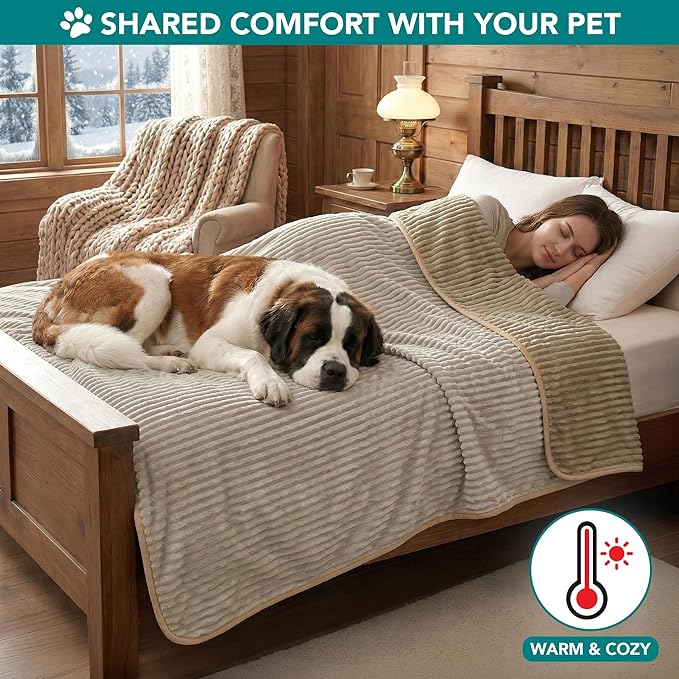 PetAmi Waterproof Dog Blanket, Leakproof Pet Blanket for Small Medium Large Dogs, Reversible Furniture Bed Sofa Couch Cover Protector, Plush Striped Pet Throw for Indoor Cat, 40x60 in, Taupe Beige
