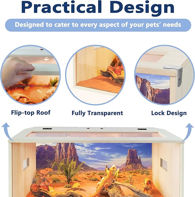 PROLEE Bearded Dragon Tank,Wooden Reptile Tank and Lizard Tank,Tempered Glass Large Bearded Dragon Enclosure with Built-in Lamp Fixture (32X16X16inch,34 Gallons)