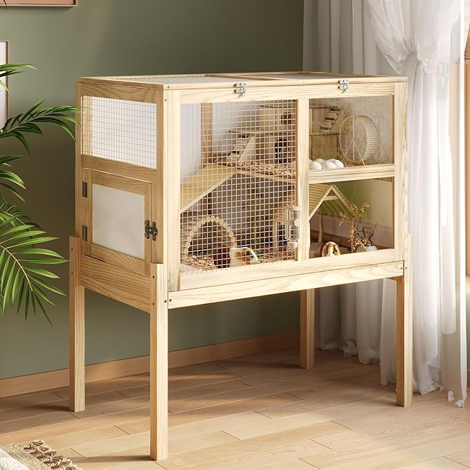 Guinea Pig Cages for 2, Rabbit Hamster Cage with Wooden Stand, 2-Story Large Indoor Small Animal House with a Pull Out Tray and Ramp, Guinea Pig Hideout Platform for Hamster,Natural