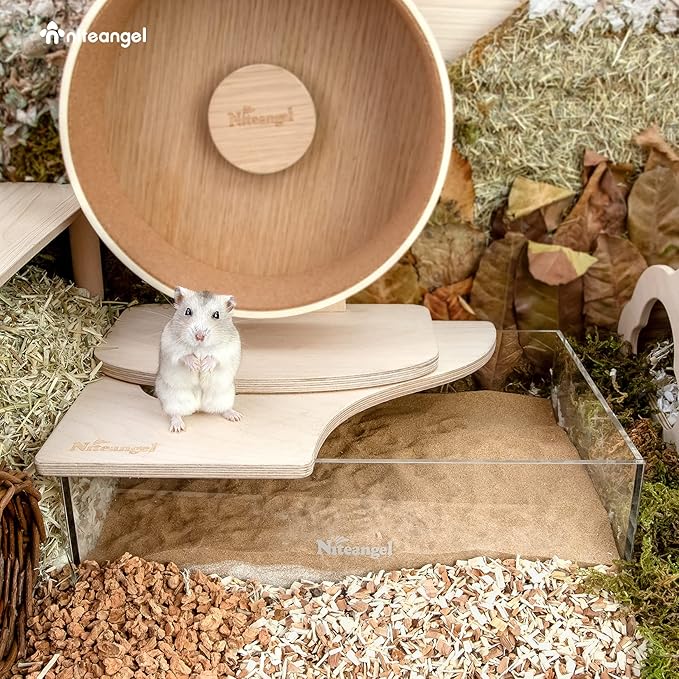 Niteangel Small Animal Sand-Bath Box: - Acrylic Critter's Sand Bath Shower Room & Digging Sand Container for Hamsters Mice Lemming Gerbils or Other Small Pets (Rectangle, Birch-Wood)