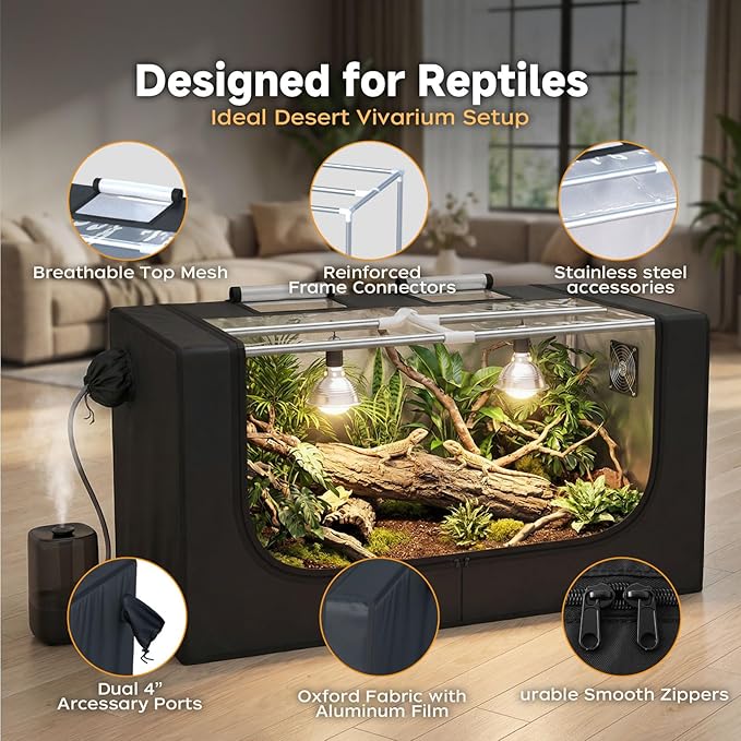Large Reptile Enclosure Tent, 4 x 2 x 2 ft (48 x 24 x 24 Inch) Habitat with Insulated Cover & Stainless Steel Frame, Dual 4" Accessory Ports for Bearded Dragon, Lizards, Geckos & Chameleons
