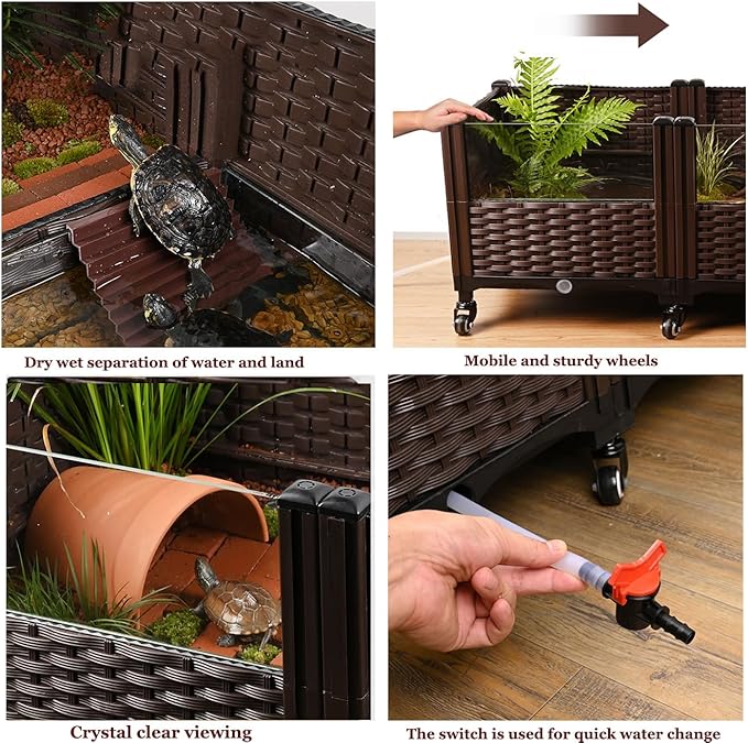 Tortoise Shallow Water Turtle Habitat, Home Turtle Breeding Box, Plant Planting Ecological Breeding Box, Drainage & Wheels – 47.2” Tortoise Habitat for Turtles, Lizards, Snakes & More