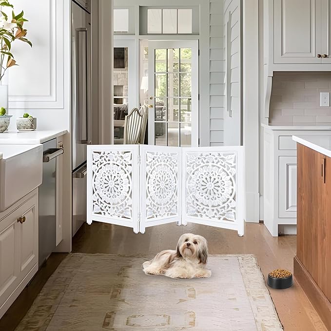 Lightnpro Wooden Dog Gate - Adjustable Freestanding Foldable Pet Safety Barrier for Indoor Use, Stylish Extra-Wide Fence for Dogs & Small Pets, Ideal for Stairs & Doorways - 24x54 Inch Antique White