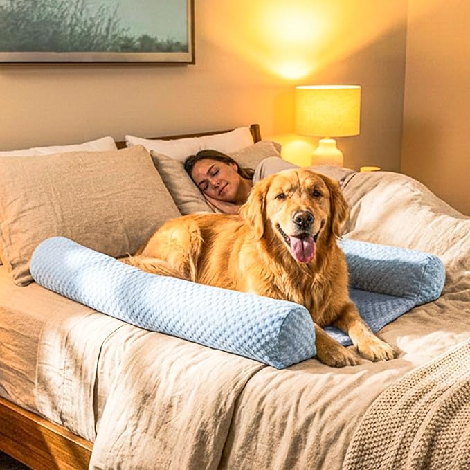 DenMate - On-Bed Dog Bed for Medium/Large Dogs (26x40), Stabilizing 100% Cotton Bolsters for Night Movement, Improves Comfort & Sleep for Dogs & Owners, Machine Washable Pet Mattress (Blue)