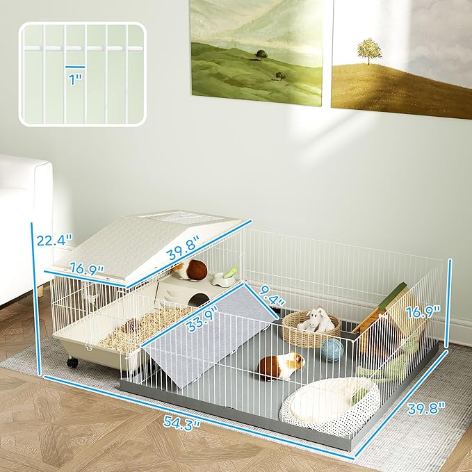 PawHut Small Animal Cage, Guinea Pig Cage with Removable Pet Playpen, Waterproof Pad, Food Dish, Water Bottle, Hay Feeder, Soft-Covered Ramp, Wheels, Hideaway, Balcony, for Hedgehog, Guinea Pig
