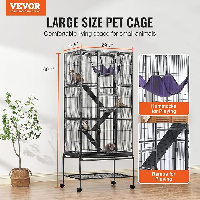 VEVOR 69" Rolling Metal Ferret Cage, Large 4-Tier Cage, Small Animal Cage with Ramps & Tray, Easy to Set up for Pet Mice, Hamster, Guinea Pig, Chinchilla, Squirrel, Hedgehogs, Bunny