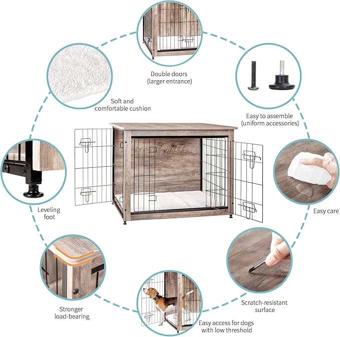 DWANTON Dog Crate Furniture with Cushion, Wooden Kennel Table with Double Doors, Indoor Dog House, Medium Size, 32.5" L, Greige