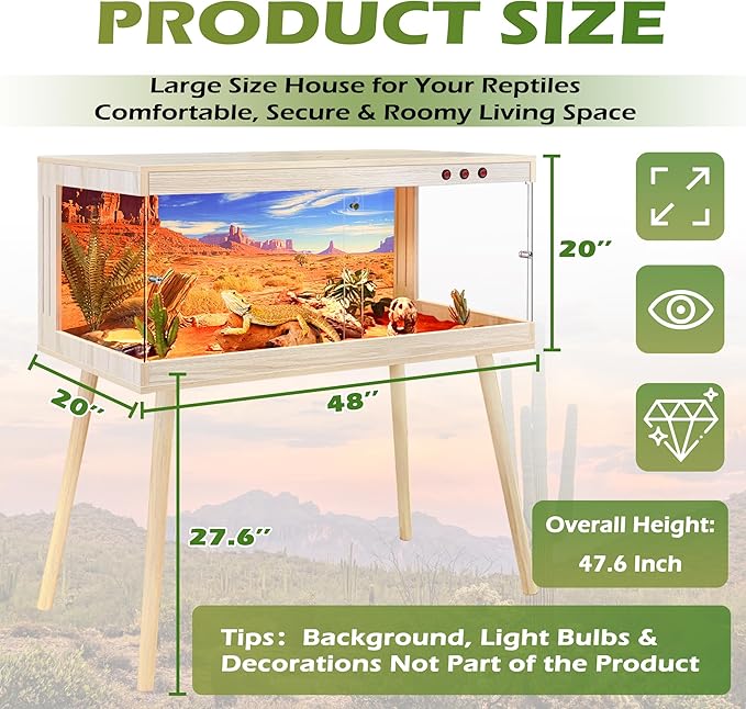 Royxen Bearded Dragon Tank,82 Gallon Reptile Tank with Leg Stand,Built-in Lighting Reptile Enclosure,Tempered Glass Bearded Dragon Encloure for Chameleon (Oak,48"x 20"x 20")