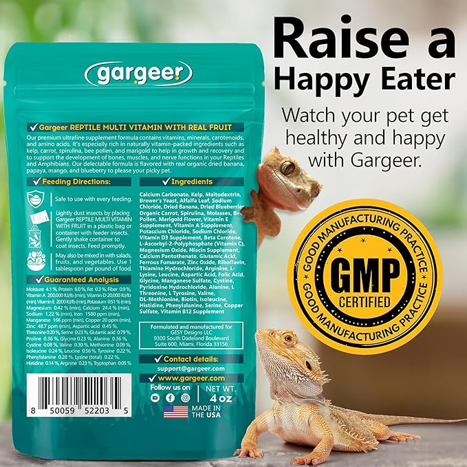Gargeer 4oz Reptile Multi-Vitamin Supplement. Premium Ingredients, Rich with Organic Fruit, for Full Growth and Development Support. Boosted with Minerals and Amino Acids, Proudly Made in USA. Enjoy!