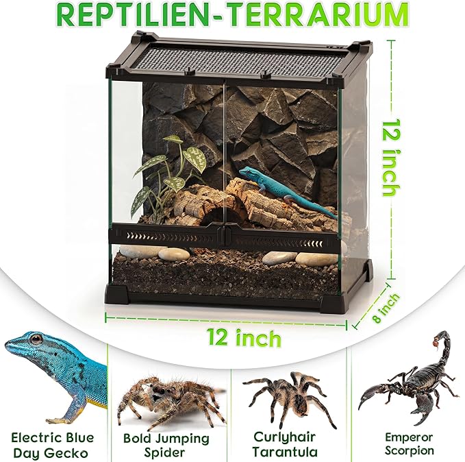5 Gallon 12"x8"x12" Professional Glass Terrarium, Front-Opening Vivarium with Feeding Slot & Heat-Resistant Aluminum Frame for Day Geckos, Jumping Spiders, Tarantulas & Scorpions.