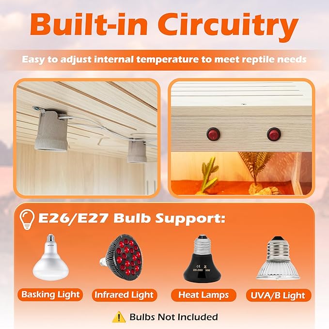 ROYXEN Reptile Tank, 30 Gallons Reptile Enclosure with Lockable Design, Tempered Glass Bearded Dragon Tank for Lizard Habitat, Soild Wood Built-in Sockets (Oak, 23.5"x15.5"x15.5")