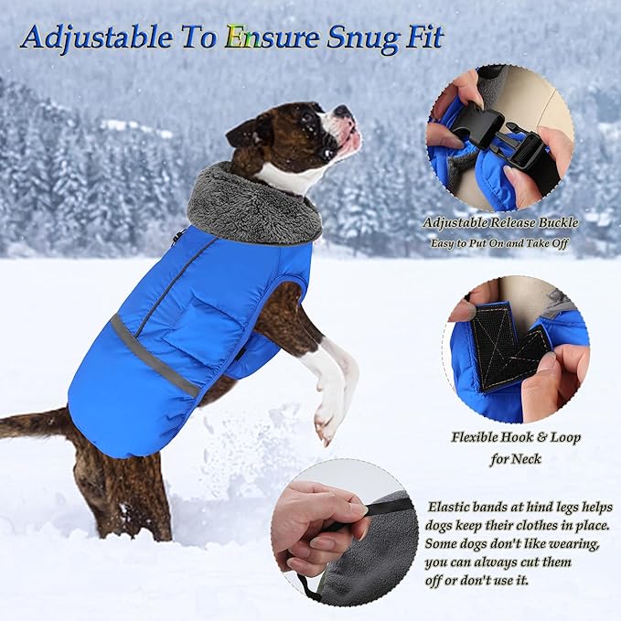 Dogcheer Warm Dog Coat, Waterproof Dog Jacket Christmas Puppy Winter Coat with Buckle, Reflective Adjustable Pet Snow Jacket Turtleneck Fleece Sweater for Small Medium Large Dogs - Blue, XL