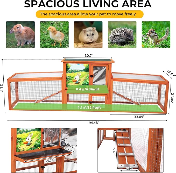 COZIWOW Large Wooden Rabbit Hutch Outdoor Indoor Bunny Cage, 2-Level Small Animal House Enclosure with All-Covered Sloped Roof (Orange with Warm)