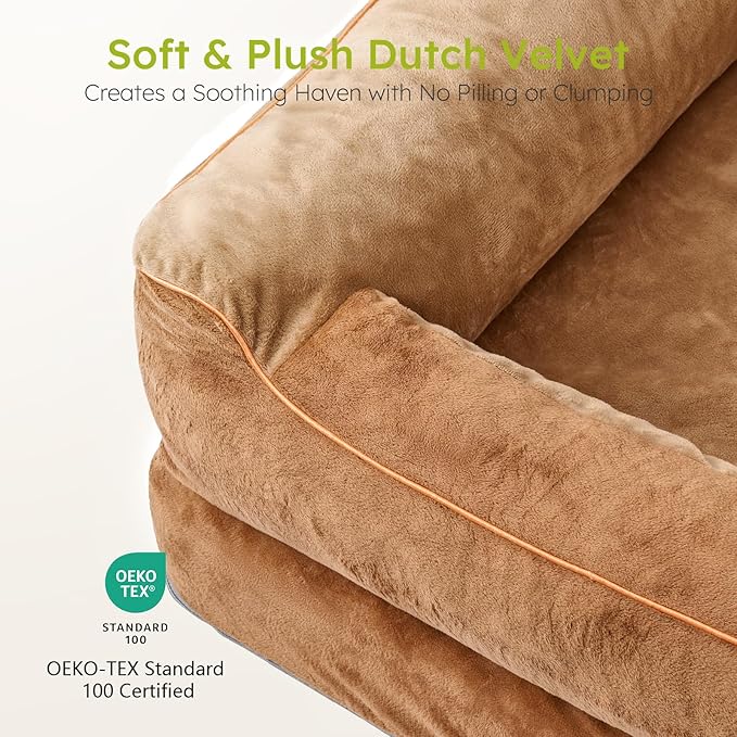 CWAWZ Dog Beds for Large Dogs, Orthopedic Dog Bed with Cooling Gel Memory Foam, Waterproof Large Pet Bed with Removable Washable Cover, 36" Pet Sofa Couch Dutch Velvet with Bone Toy, Brown