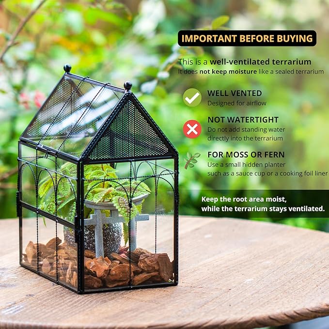 NCYP Glass Jumping Spiders Enclosure with Vent Holes - 7.5" x 4.9" x 9" Vented Glass Terrarium for Small Spider, Mantis, Small Beetle, House Shape, Tabletop Decor, Black (Terrarium Only)