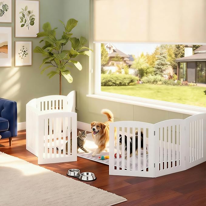 DUMOS Pet Gate for Dogs and Cats, 24 Inch 4 Panels Foldable Wooden Freestanding Dog Gate with Hinge Design, Indoor Portable Extra Wide Dog Fence Pet Barrier for Doorways, Stairs, Kitchen, White