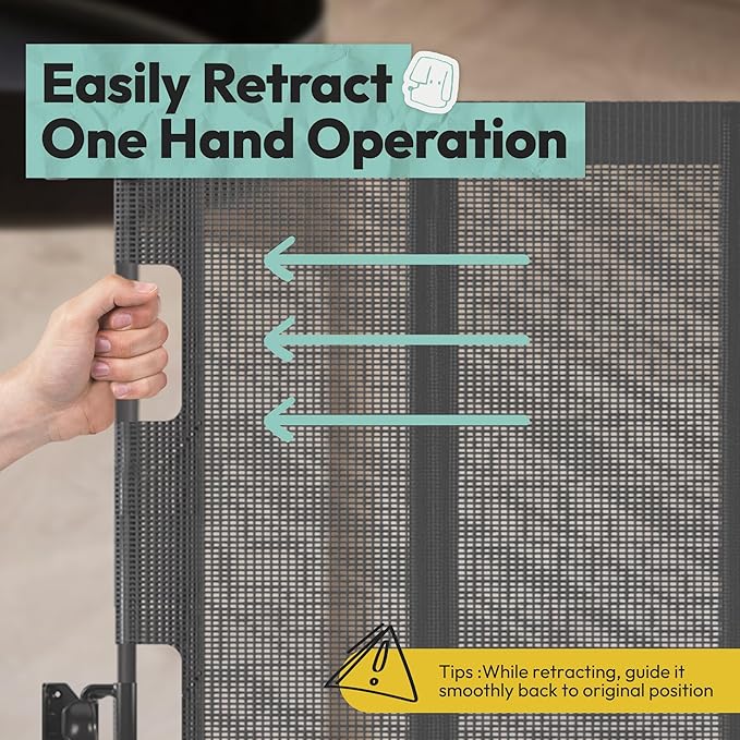 34" H Tall Mesh Dog Gate Extends Up to 120" W Retractable Pet Gate with Drill Installation, Preventing Crawling Through for Stairs, Doorways, Indoor & Outdoor (Gray)