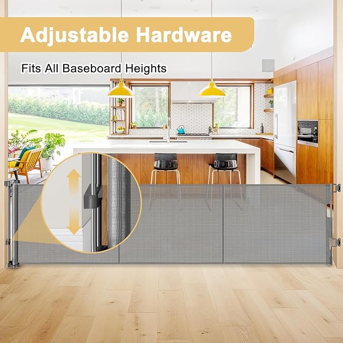 28 Inch Tall Retractable Baby Gates, 80" Wide Reinforced Retractable Dog Gate with Support Rods, Walk Through Pet Gate, Short Dog Gate Retractable Pet Gate, Mesh Baby Gate for Stairs, Doorways, Gray