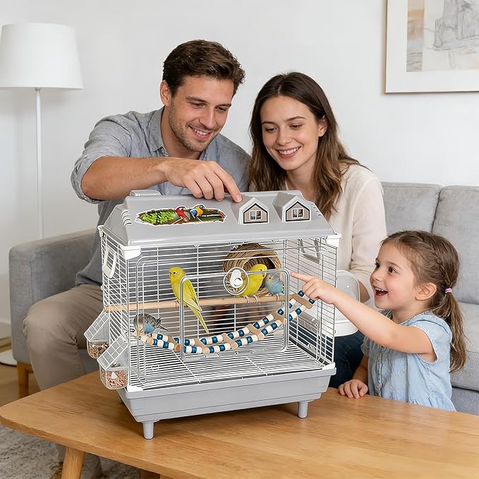 Parakeet Bird Cage, Clear Portable Cockatiel Carrier, Medium Bird with Wooden Perch, Acrylic Lightweight with Removable Tray, Pet with Travel Handle, Indoor Cage for Conures Macaws