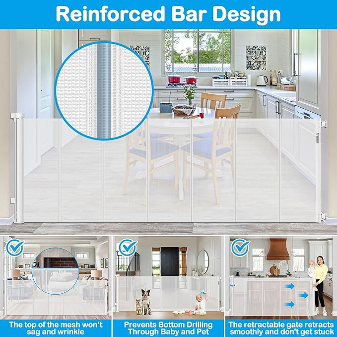 Reinforced 42" Extra Tall X 100" Extra Wide Baby Gate for Large Openings Stop Babies and Pets from Drilling Through Retractable Baby Gates Extra Tall Retractable Dog Gate No Sagging Retractable Gate