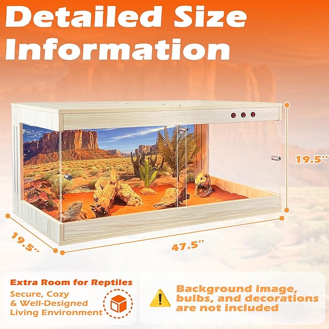 ROYXEN Reptile Tank, 81 Gallons Reptile Enclosure with Lockable Design, Tempered Glass Bearded Dragon Tank for Lizard Habitat, Soild Wood Built-in Sockets (Oak, 47.5"x19.5"x19.5")